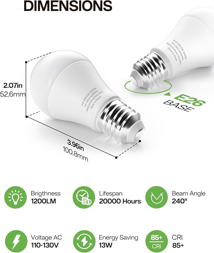 Dusk to Dawn Sensor LED Outdoor Light Bulb, Daylight White 5000K, A19 13W(100 Watt Equivalent) Bright Porch Lighting, 1200LM, Auto-On/Off Photocell Sensor for Garage Yard Patio Garden-4 Pack