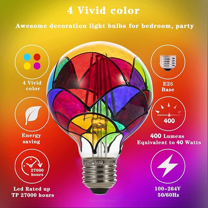 I-SHUNFA Stained Glass Edison LED Light Bulb, E26 Standard Base 6 Watts Heatless (G80) Globe Shape LED Light Bulbs for Home Party, Recreation Room,Balcony,Garden,Christmas Decoration