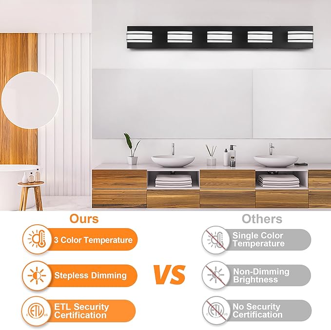 3 Color Temperature Dimmable Bathroom Light Fixtures Over Mirror, LED Black 5 Light Vanity Lighting Fixtures, Acrylic Stainless Steel Oval Shade Vanity Lights for Bathroom, ETL Certificated