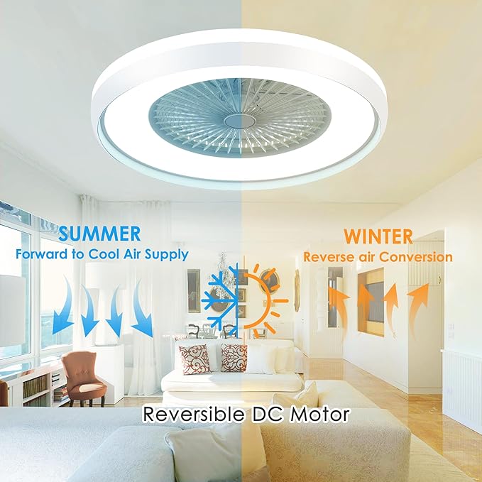 24" Bladeless Ceiling Fan with RGB Light Remote, Smart LED Ceiling Fans with Voice/App Control, Modern Low Profile Dimmable Light Ceiling Fan for Bedroom Living Room