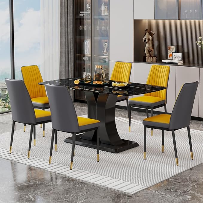 Modern Dining Table Set for 6, Marble Kitchen Table Chair Set for 6, Rectangular Kitchen Table with 6 Pu Leather Upholstered Chair for Dining Room (Black, Yellow)