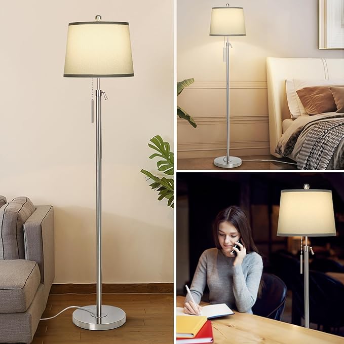 Floor Lamp for Living Room,Adjustable Height Standing Lamp,Dimmable Modern Floor Lamps for Bedroom Office Tall Floor Lights with Pull Chain Bulb Included-Silver Gray Shade