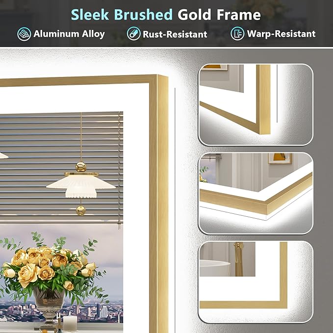40x36 Gold LED Bathroom Mirror with Lights, Brushed Gold Framed Backlit and Front Lit Anti-Fog Lighted Vanity Mirrors for Bathroom Wall, Dimmable, 3 Colors, Memory, HD Tempered Glass, CRI＞90