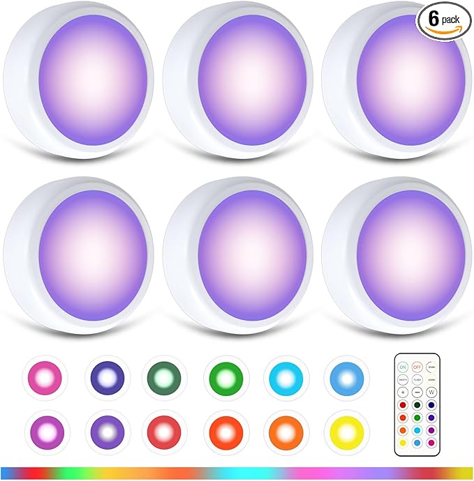 LED Puck Lights with Remote Control,Wireless Under Cabinet Lighting Battery Operated, Dimmable Timing Function Push Lights for Kitchen Cabinets, Christmas, Bedrooms (6 Packs)