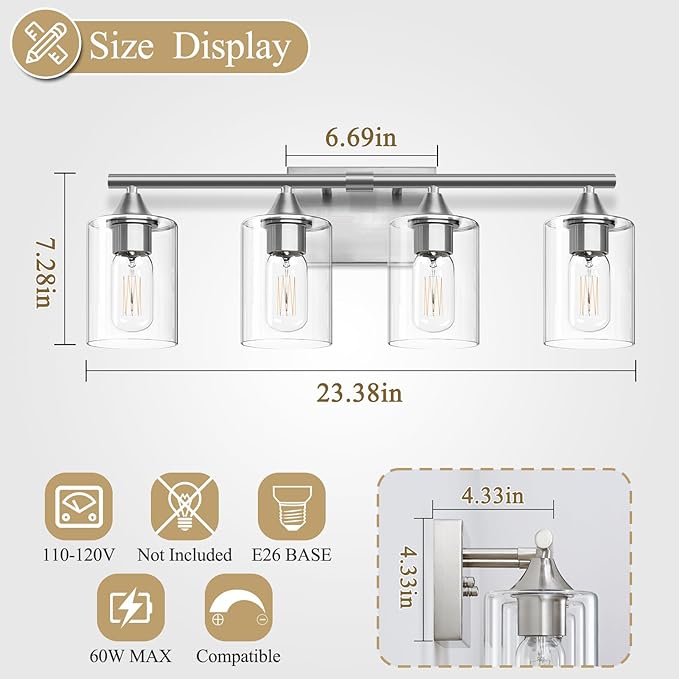 4-Light Bathroom Light Fixtures,Brushed Nickel Vanity Lighting Fixtures,Modern Wall Lighting Sconces for Mirror Bedroom Living Room Vanity Table Hallway