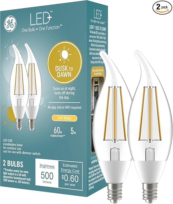 GE LED+ Dusk to Dawn LED Light Bulbs, Automatic On/Off Outdoor Security Lights, Soft White, E12 Candelabra Base (2 Pack)