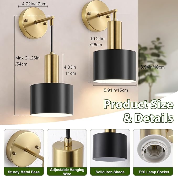 Battery Operated Wall Sconces Set of Two, Black & Gold Wireless Rechargeable Wall Lights with Remote, 15 Colors Dimmable LED Wall Lamps, Modern Cordless Sconce for Bedroom Living Room Hallway