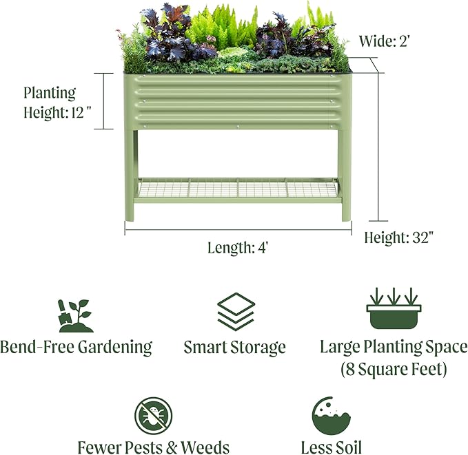 Elevated Raised Garden Bed-V Series, 2' x 4' Garden Beds with Legs & Storage Rack for Patio Porch, 700 Lbs Weight Capacity, Outdoor Planter Boxes for Gardening Herbs Vegetables Flowers, Pearl White