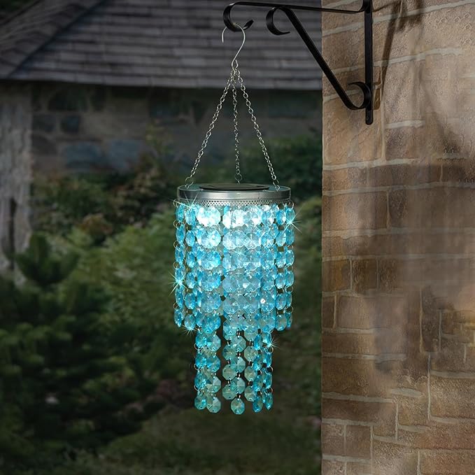 Hanging Solar Crystal Chandelier Outdoor, 21” Modern Solar Blue Acrylic Beaded Lantern with Cool White LED S Hooks for Garden Yard Patio Gazebo Outside Decor