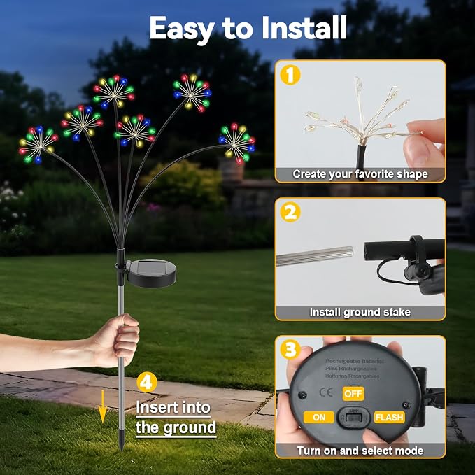 Solar Garden Lights Outdoor, Upgraded Solar Swaying Starburst Light Waterproof with 2 Modes, Solar Fairy Firework Lights for Yard Patio Pathway Flowerbed Balcony Garden Decoration (Multicolor, 2 Pack)