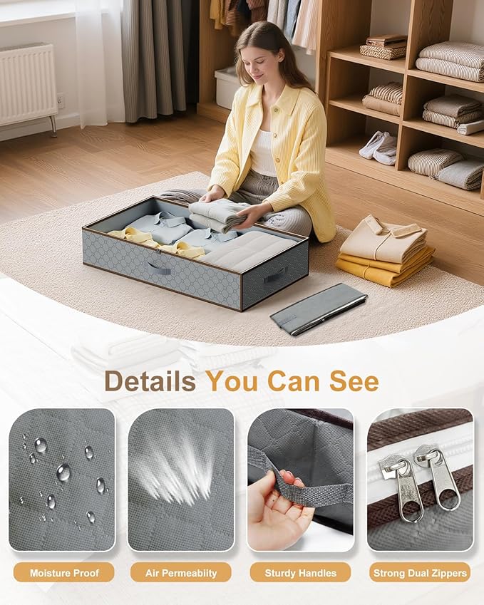Large Under Bed Storage Containers,[4 Pack/Upgraded Bottom fabric]Carpet-Friendly Design Underbed Clothes Storage with Sturdy Sidewalls,Foldable under bed organizer for Clothes,Blankets,Sweater