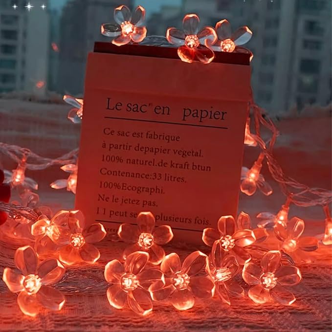 Battery Lighted & USB Plug in Fairy Flower String Lights, 9.8 ft 30 LED Cute Cherry Blossom Lights with Timer Indoor Bedroom Party Wedding Christmas Easter Tree Branch Hanging Decorations (Red)