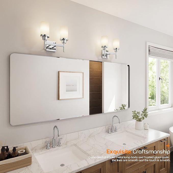 Vanity Lights Polished Chrome Bathroom Light Fixtures with White Frosted Glass Shade, Double Wall Sconces for Mirror Hallway Entrance Porch T001CH-L2