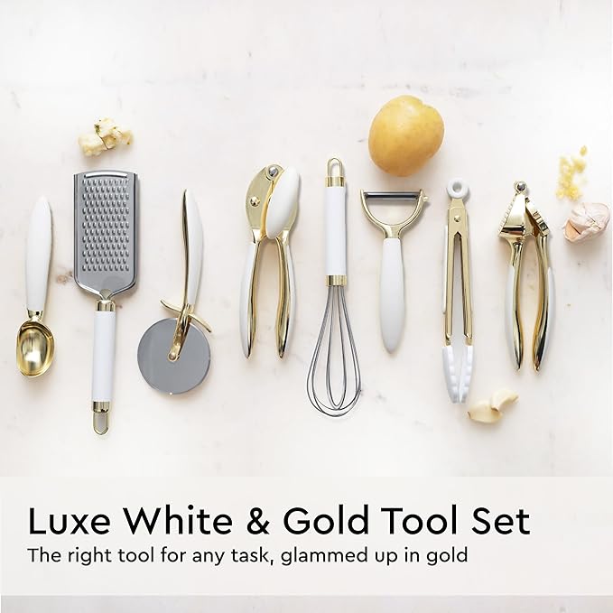 White and Gold Kitchen Utensils Set - 23-Piece Gold Kitchen Accessories Include Measuring Cups and Spoons Set, Silicone Utensils, and Utensil Holder for Baking, Cooking, and Stylish Kitchen Decor