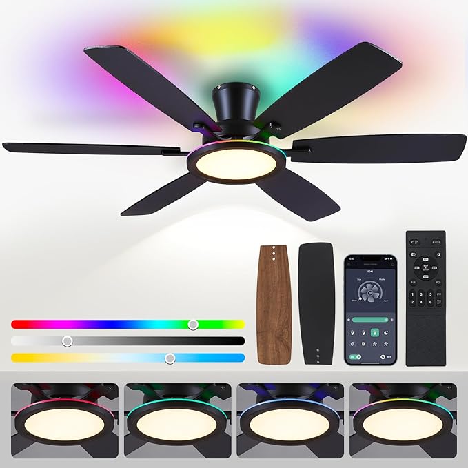 55in Black Flush Mount Ceiling Fan - RGB Low Profile Ceiling Fan Light with Remote-APP, Dimmable and 3CCT, Modern Fan with RGB Light for Indoor and Covered Outdoor