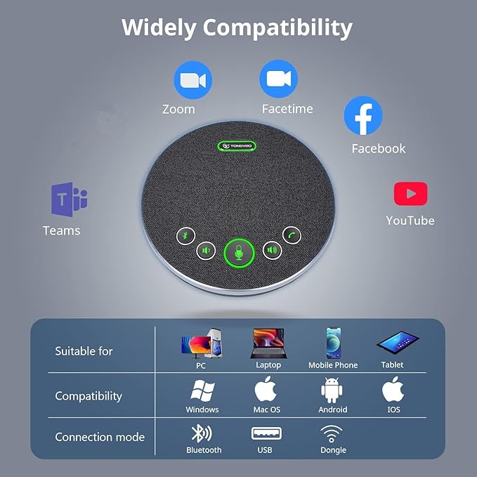 TONGVEO Bluetooth Speakerphone Conference Microphones, Wireless Conference Speaker 360°Voice Pick up with 4 AI Noise Cancellation Mics USB/Dongle/Bluetooth Connection 8 Hour Call Time for 8-12 People