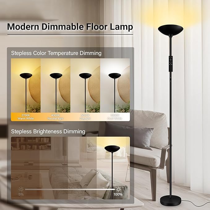 BoostArea Dimmable Floor Lamp,30W 3000LM Super Bright LED Torchiere Standing Lamp with Remote & Touch Control,71 in Tall Pole Sky Modern Floor Lamps for Living Room Bedroom Office,2700k-6500k,Black
