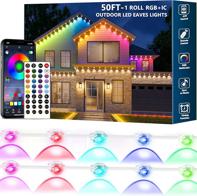 Permanent Outdoor Lights,50ft RGB + IC Smart LED Eaves Lights with App & Remote Control, IP67 Waterproof,for Christmas and All Holiday Decor,Daily and Accent Lighting,House Roof and Garden Lighting