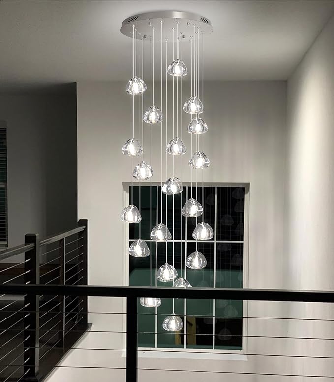 LED Glam Chandelier 118 inches Long Light Luxury Crystal Ceiling Chandeliers Remote Dimmable High Ceiling Pendants Lighting Fixtures Brushed Nickel 15 Lights