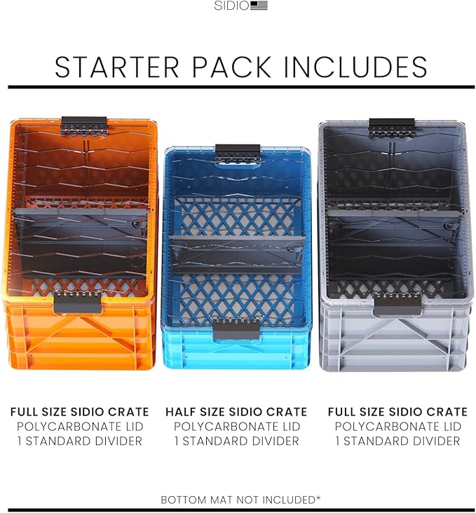 SIDIO CRATE Starter Pack - Two Full Size and One Half Size SidioCrate, Stackable Outdoor Organizer Storage Bins with Clear Lid and Dividers - SIDIO Variety Pack