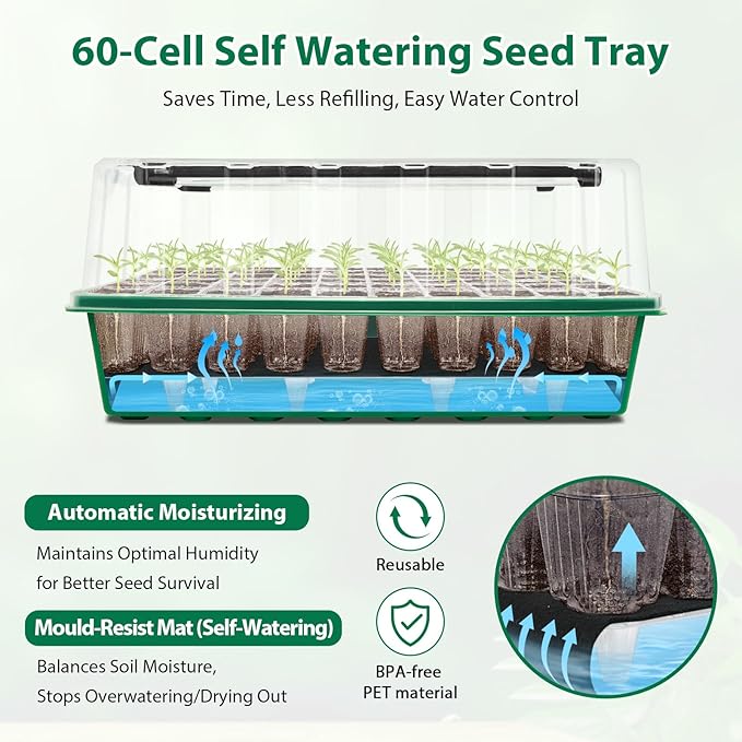 2 Packs Seed Starter Tray, 120-Cell Self-Watering Seed Starter Kit with Grow Light and 4.07” Humidity Dome, Indoor Plant Starter Trays for Seed Germination & Gardening Supplies