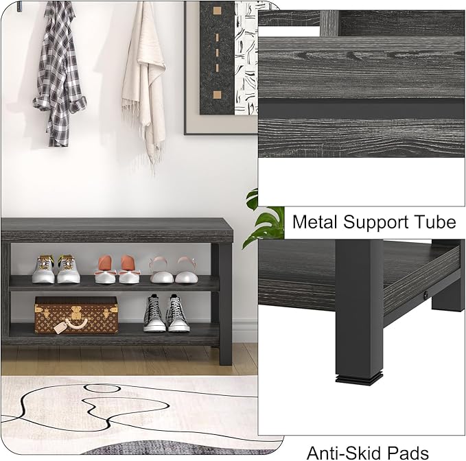 FOLUBAN Entryway Bench with Shoe Storage, Vintage End of Bed Bench, Rustic Wooden Entry Bench for Hallway Front Door Entrance, Industrial Indoor Bench for Bedroom Living Room, Dark Gray, 47 Inch