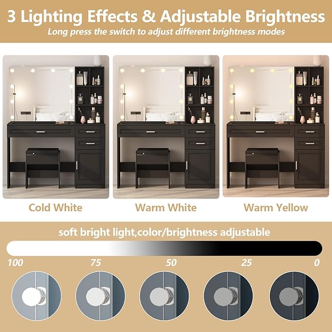 Fameill Makeup Vanity Desk with Lights,Glass Top Vanity Table with Lighted Mirror,Large Makeup Desk with 3 Drawers and Cabinets,3 Color Lighting Modes with Adjustable Brightness,Black