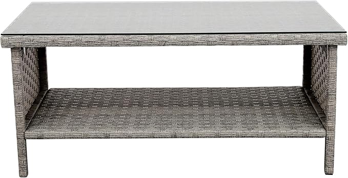 Rattaner Patio Coffee Table Outdoor Furniture Wicker Table 2-Layer Storage with Tempered Glass and Furniture Cover, Grey