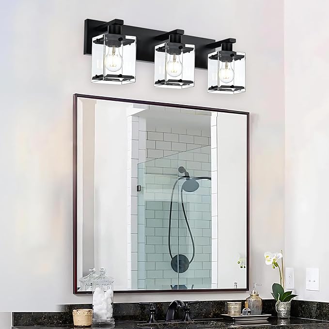 3-Light Black Bathroom Light Fixture Over Mirror, Vanity Wall Lighting with Rectangular Clear Glass, E26 Bulb Base