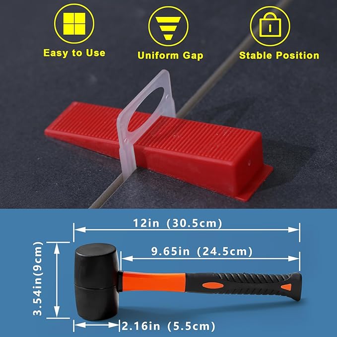 Tile Leveling System 1/8" Spacers Tile Leveler Clips DIY Tile Leveler Spacers 8000 Pcs and Tools Harden Rubber Mallet Hammer 16 oz for Professional Ceramic Tile and Stone Installation