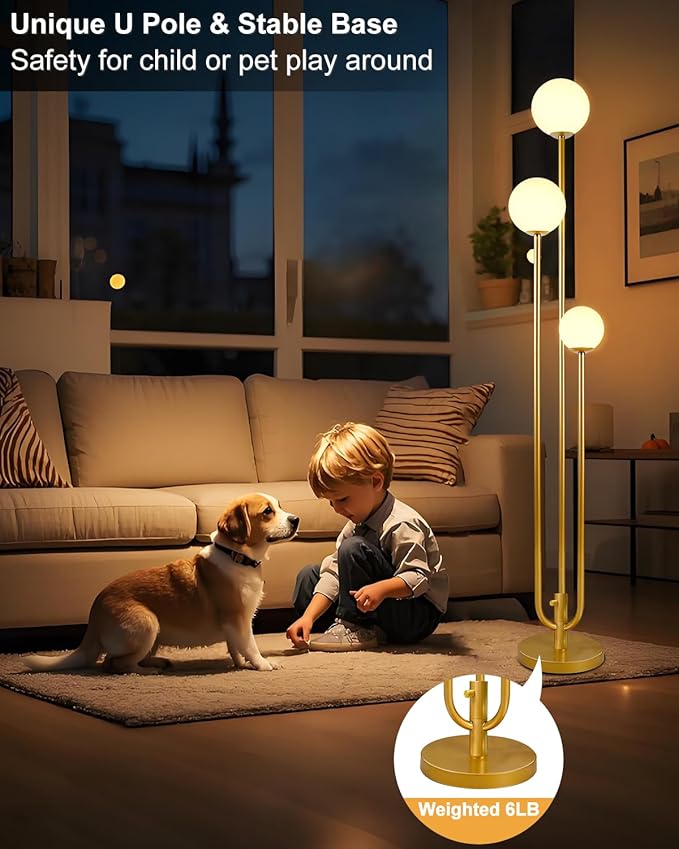Lightdot 63IN Gold Floor Lamp Dimmable 3-Lights Globe LED Floor Lamps with 3000K Soft Warm White for Wedding/Party Candle Holder Style Tall Lamp for Living Room/Bedroom/Sofa Beside/Corner Decor