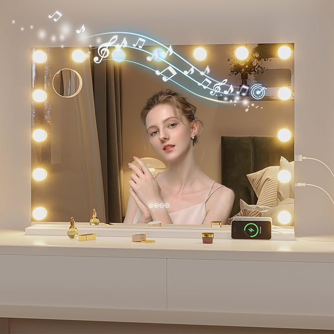 Hasipu Hollywood Vanity Mirror with Lights and Bluetooth Speaker, 32" x 22" Makeup Mirror with 15 Dimmable LED Bulbs 3 Color Modes, 5X Magnifying Glass, Touch Control, USB and Type-C, Tempered Glass