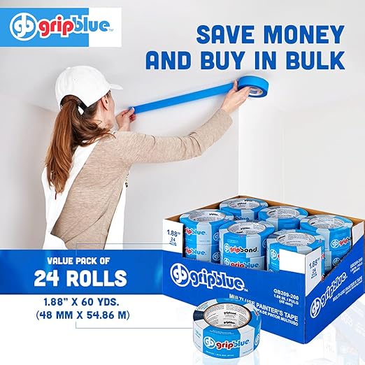 Blue Painters Tape 2 Inch Wide, Bulk - 24 Rolls Masking Tape, “Professional-Grade” - Yields Exact Lines on Walls & Trim, Multi-Surface, Residue-Free, Easy Removal –Indoor & Outdoor Use, 1.88in x 60yds