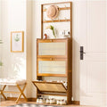 Modern Natural Rattan Coat Rack with 3 Flip Drawers Free Standing 3Tier Shoe Storage Rack for Heels and Slippers Entrance Hallway Entryway Organizer(50x17x186cm)