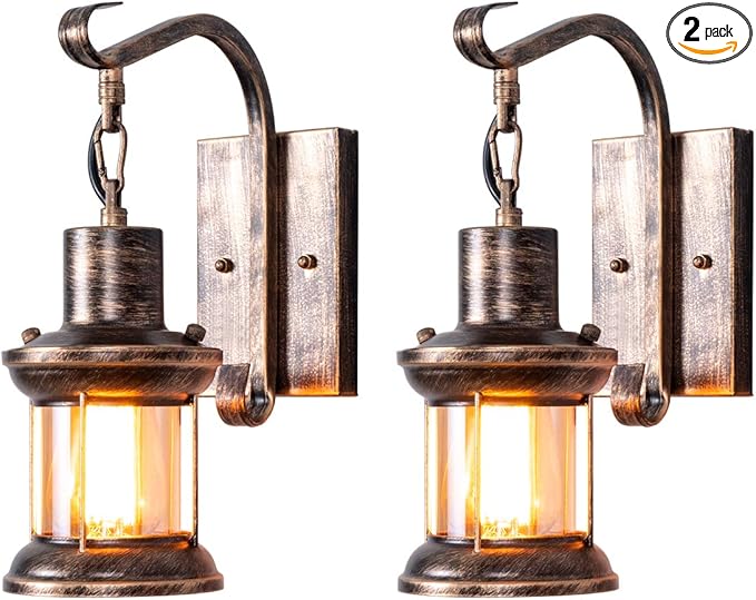 Yisuro Rustic Wall Light Fixtures, Oil Rubbed Bronze Finish Indoor Vintage Wall Light Industrial Lamp Fixture Glass Shade Farmhouse Metal for Bedroom Living Room(2 Pack)