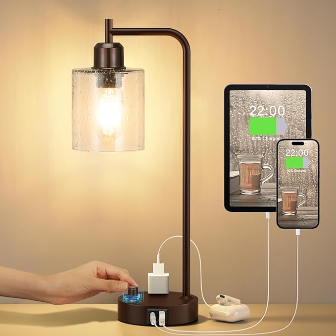 Innqoo Brown Industrial Bedside Table Lamp for Bedroom - Nightstand Lamps with USB C Charging Port, Fully Dimmable Black Ports and Outlets, Small Desk Glass Shade Office Living Room