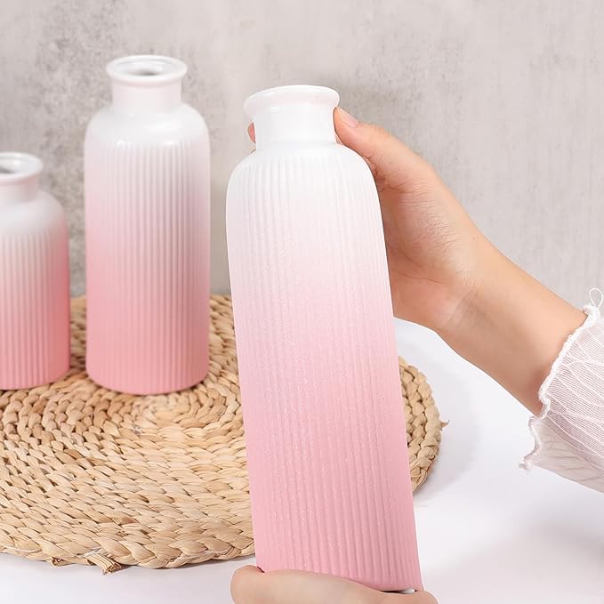 Small Gradient Pink Ceramic Vase Set of 3, Boho Modern Flower Vase Room Decor, Farmhouse Decor, Vases for Your Kitchen, Bathroom, Bedroom, Living Room, Office&Shelf Centerpiece Table Decorations