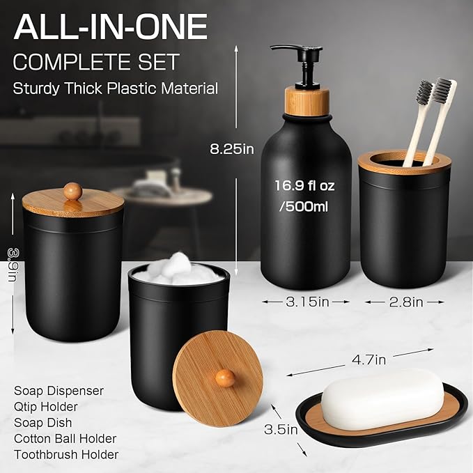 Black Bathroom Accessories Set 5 Pcs, Matte Black Bathroom Accessories, Plastic Soap Dispenser and Toothbrush Holder Set, Soap Dish, Cotton Swab Jar, Black Bathroom Set, Boho Bathroom Decor