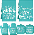 Sratte 6 Pcs Kitchen Decor Accessories Set Farmhouse Towels Pot Holders Oven Mitts Set 2 Dish Towels 2 Potholders 2 Cooking Mittens Oven Glove for Christmas Baking Cooking Supply(Light Teal,Kitchen)