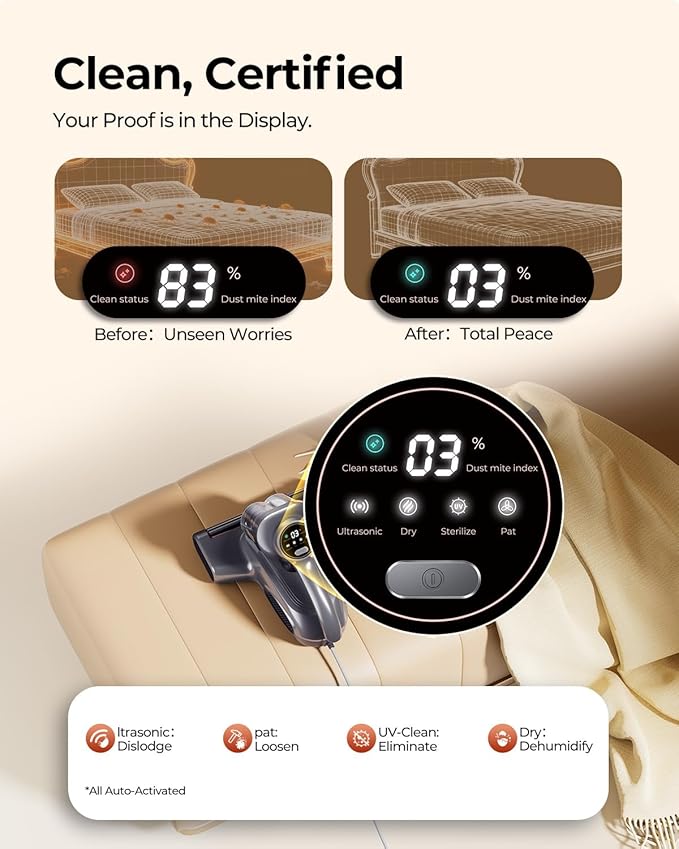 JIGOO J300 Pro Matture Vacuum Cleaner with 14Kpa 550W Powerful Suction, Infrared, UV & Heating Tech for Deep Cleaning, Anti-Allergen Bed Vacuum with Dust Sensor & Plant Fragrance for Bed, Sofa, Crib.