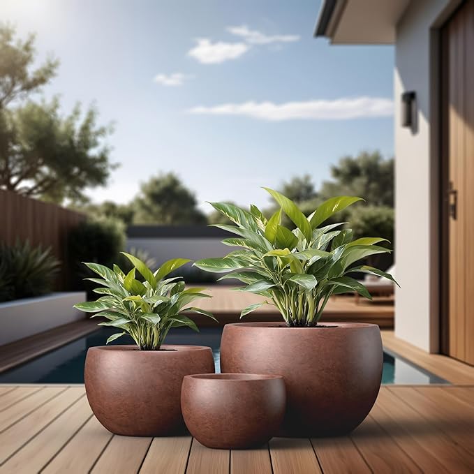Kante 19.9",15.7",11.8" Dia Round Concrete Planter Set of 3, Outdoor/Indoor Large Bowl Plant Pots with Drainage Hole and Rubber Plug for Garden Patio Balcony Home, Rusty