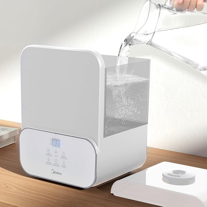 Midea 6L (1.6 Gal) Warm & Cool Mist Ultrasonic Humidifier, Top Fill Design, Smart Humidity Control with Auto Mode, 24-Hour Runtime, Essential Oil Tray, Timer & Night Light, White