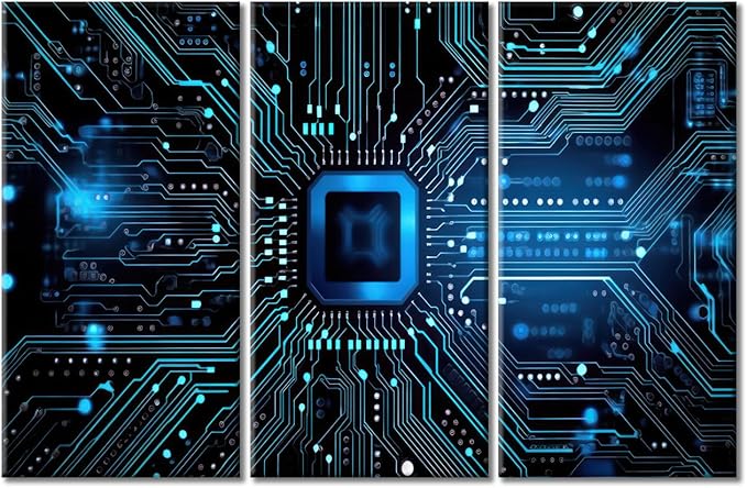 3 Piece Blue Circuit Board High-Tech Technology Wall Pictures for Living Room Circuit Board Pictures Painting on Canvas Wall Decor Art Bedroom Wall Art Modern Artwork Framed Ready to Hang 60"Wx40"H