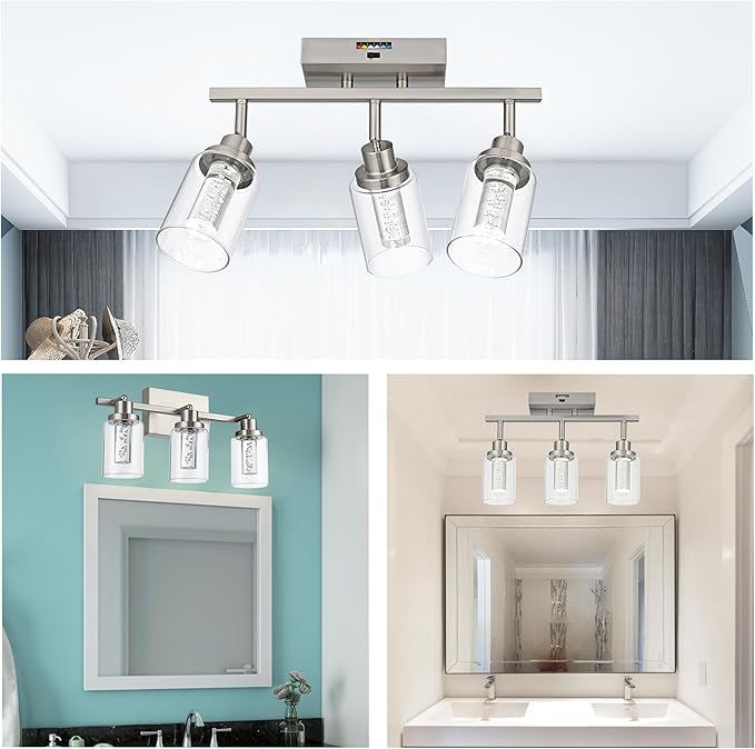 MELUCEE 3-Light LED Track Lighting Brushed Nickel Modern Ceiling Light Bathroom Wall Light with Flexibly Pivoting Heads, Built-in LED Chips, 5-Color Temperature Adjustable
