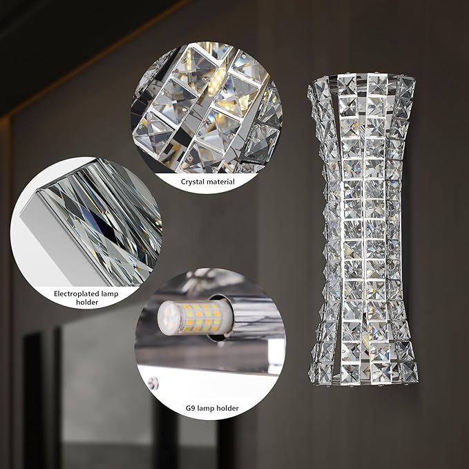 Crystal Wall Sconces,Modern Wall Light Fixtures,Luxury Indoor Chrome Wall Lamp for Living Room Bedroom Bathroom Hallway Doorway Stairway,Bedside,Tricolor Vanity Lighting Fixture