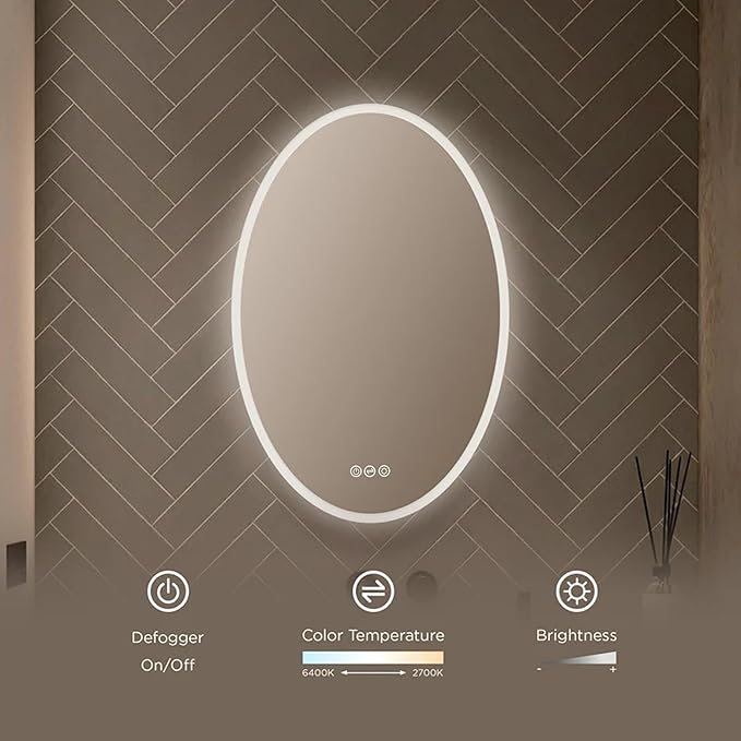 20x30 Inch Oval LED Lighted Makeup Mirror for Bathroom Vanity | LED Mirror for Bathroom with Fogless Waterproof Glass, 3 Color Dimmable | Wall Mounted LED Vanity Mirror | Smart Lighted Makeup Mirror