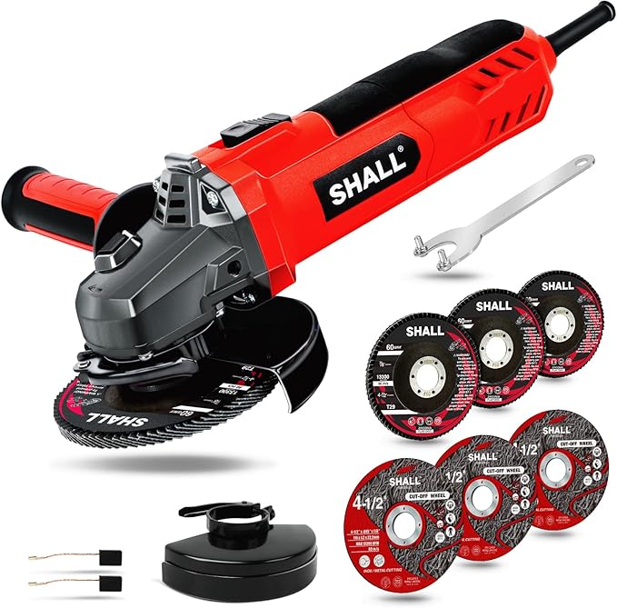 7.5Amp 4-1/2 Inch 12000 RPM Angle Grinder with 2 Guards, 3 Cutting Wheels, 3 Discs, Non-Slip Handle and Carbon Brush for Metal and Wood