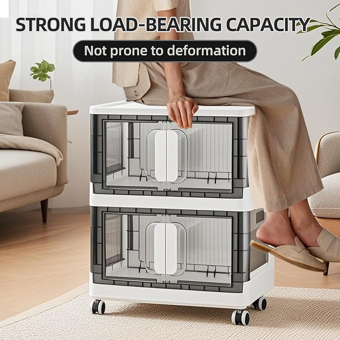 Folding Storage Organizer with Silent casters | Stackable Design for Home & Office, Heavy-Duty Plastic Storage Bin with Clear Door, 3 Sizes (19.5/23.5/27.5in),Black/White (23.6" 3 layer, White)