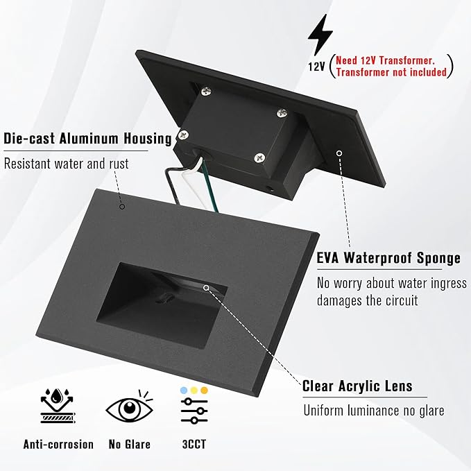 Stair Lights Outdoor Indoor LED Step Lights, 12V Low Voltage Stairway Light 4W 3000K Warm White, IP66 Waterproof Deck Staircase Light, Horizontal, Black, 12-Pack