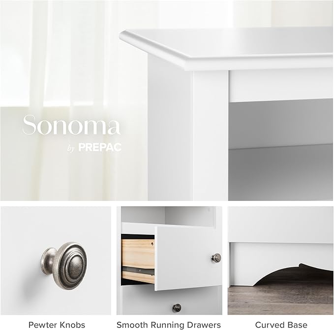 Prepac Sonoma 6 Drawer Dresser for Bedroom, Tall Chest of Drawers, Bedroom Furniture, Clothes Storage and Organizer, 19" D x 23.25" W x 52.75" H, White